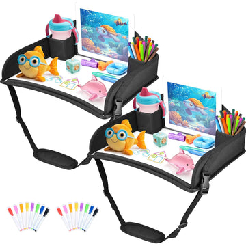 AZAMIA 2Pcs Kids Travel Tray for Toddler Carseat, Road Trip Activities Essentials for Toddler, Kids Lap Desk Tray with Tablet Ho