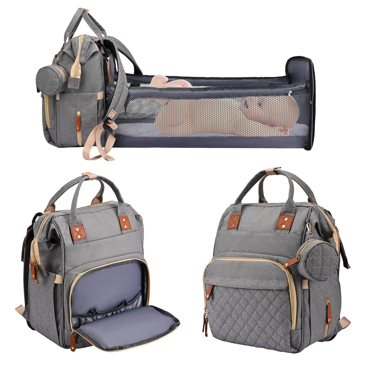 Diaper Bag Backpack Multifunction Diaper Bag with Foldable Baby Cot, Large Capacity Diaper Backpack with Insulated Baby Bottle 