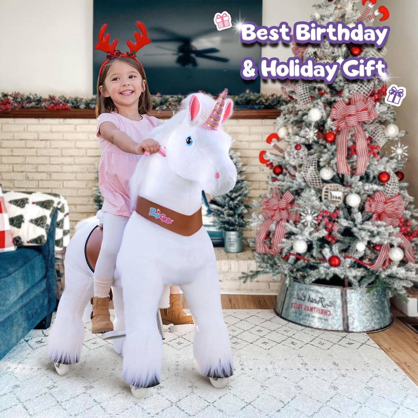 PonyCycle Official Classic U Series Ride on White Horse Unicorn Toy Plush Walking Animal Size 3 for Age 3-5 Ux304