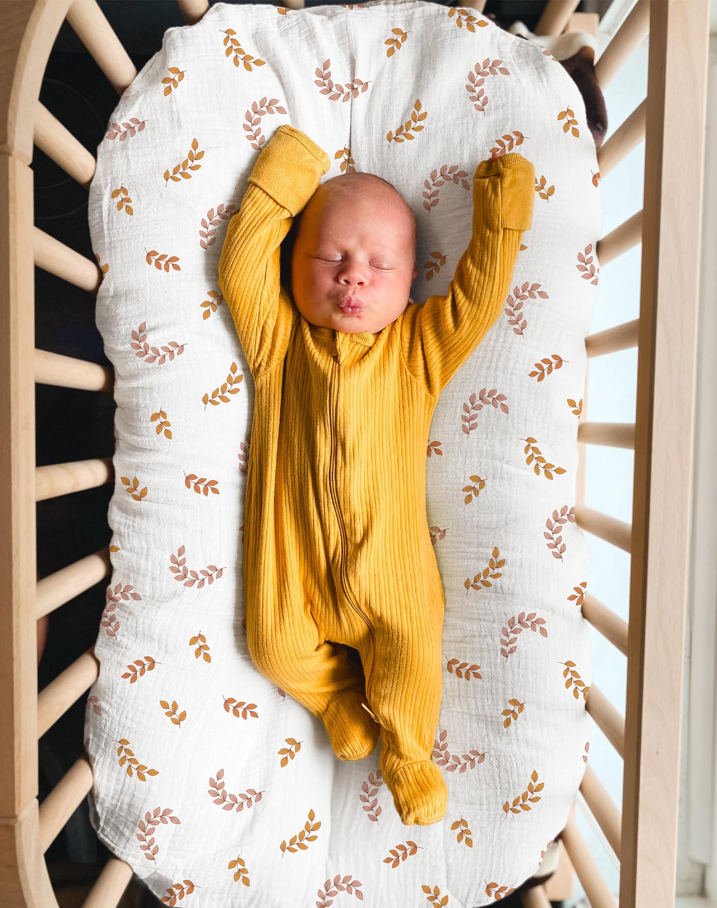 Wimist Muslin Baby Lounger Cover, Soft Breathable Newborn Lounger Pillow Cover For Boys Girls Infant (Leaf)