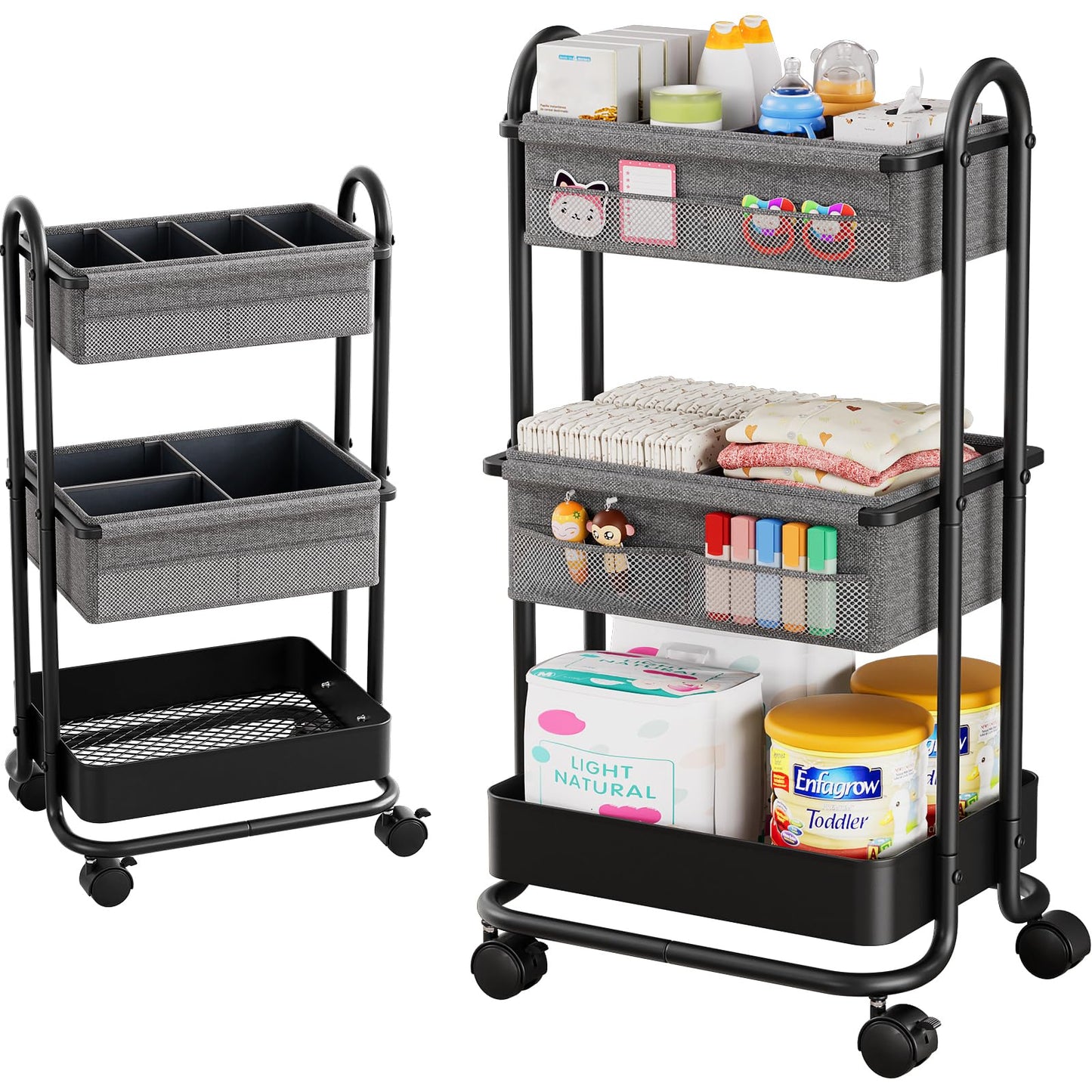 Modanais Baby Diaper Caddy Organizer Cart - 3 Tier Rolling Storage Cart with Wheels, Baby Essentials for Nursery Storage, Detach