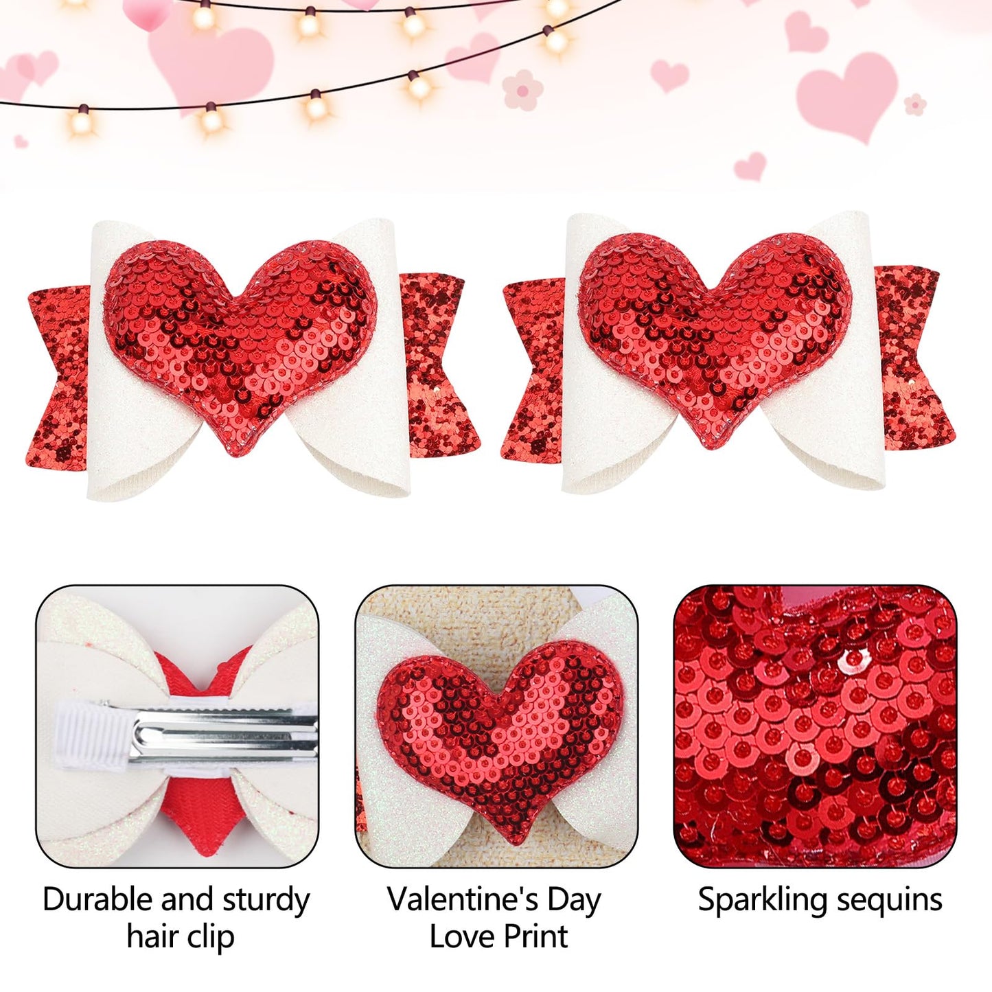 Valentine Hair Bows For Girls Cute Red Heart Hair Clips Bow Hair Accessories Party Supplies 2Pcs (Red Glitter)