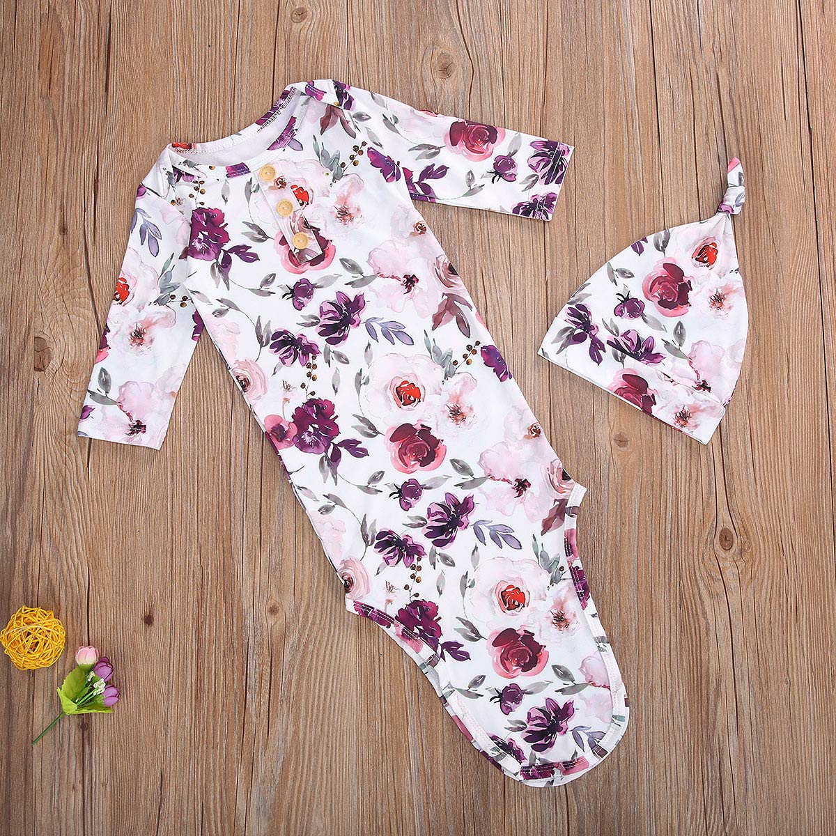 Infant Newborn Baby Girls Floral Sleep Gown Headband Sleepwear Romper Sleeping Bags Outfits (Floral&Purple, 0-3 Months)