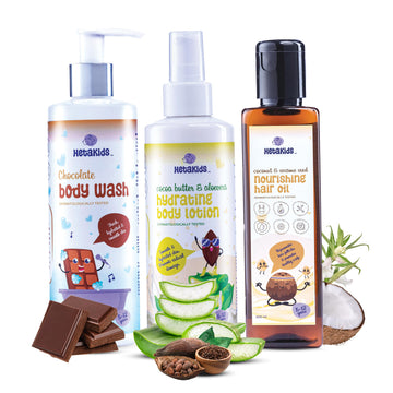 Hetakids Coconut Hair Oil, Chocolate Body Wash, Cocoa Butter & Aloevera Lotion, Complete Skin And Hair Care Baby Products, Trave
