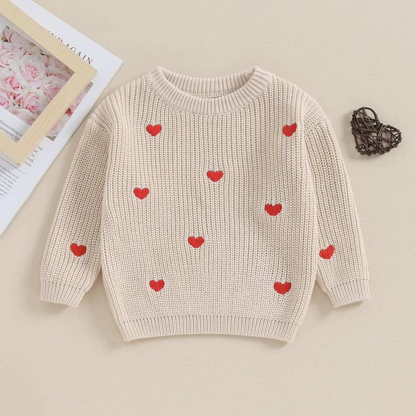 Baby Girl Cute Long Sleeve Crew Neck Love Embroidery Sweater Toddler Valentine Day Outfits (Beige Heart, 0-3 Months)