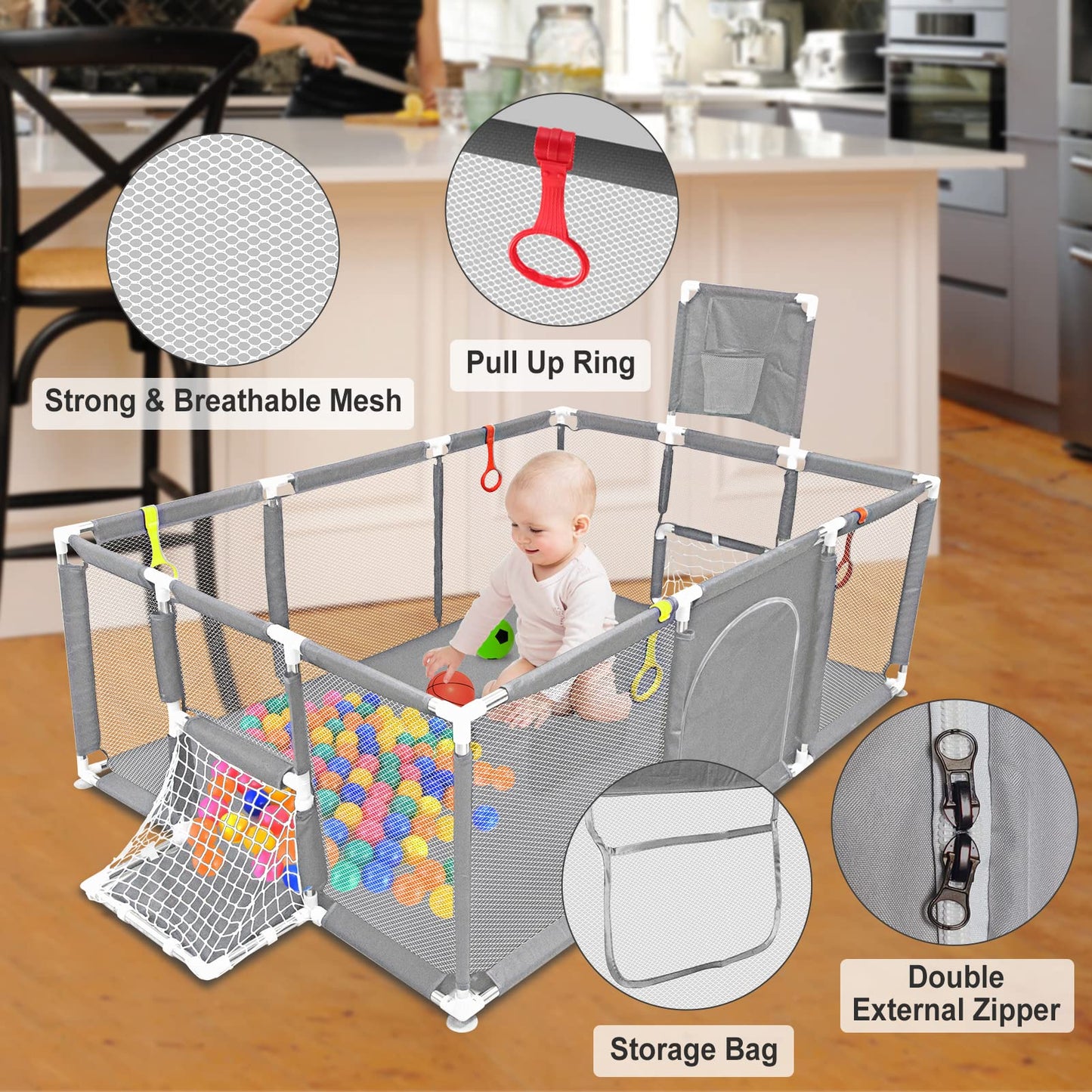 Large Playpen For Babies And Toddlers - Baby Ball Pit Kids Play Pen Sturdy Play Yard W/Basketball Hoop, Children'S Fence Play Ar