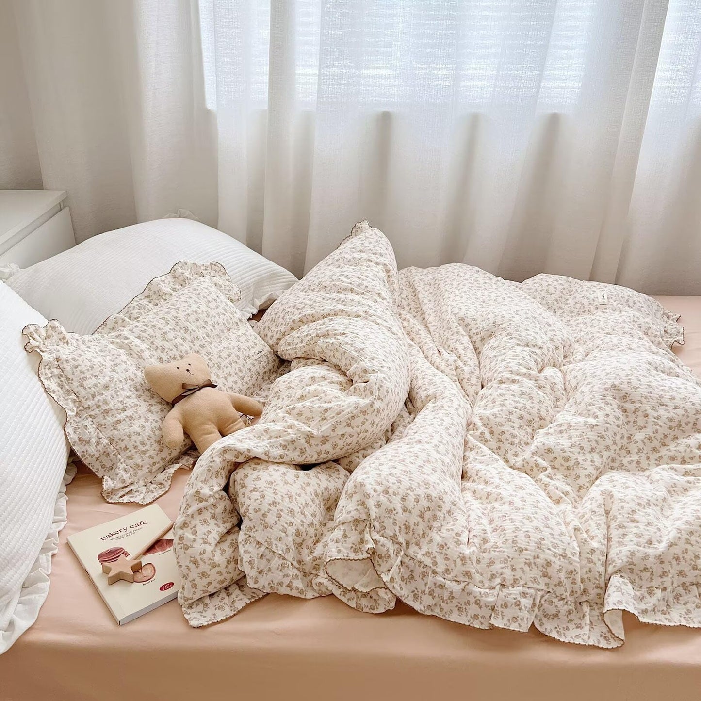 Bulutu Soft Cotton Muslin Duvet Cover Girls Kids Floral Duvet Cover Beige Crib Bedding Comforter Cover Quilt Cover, 47'X59', C