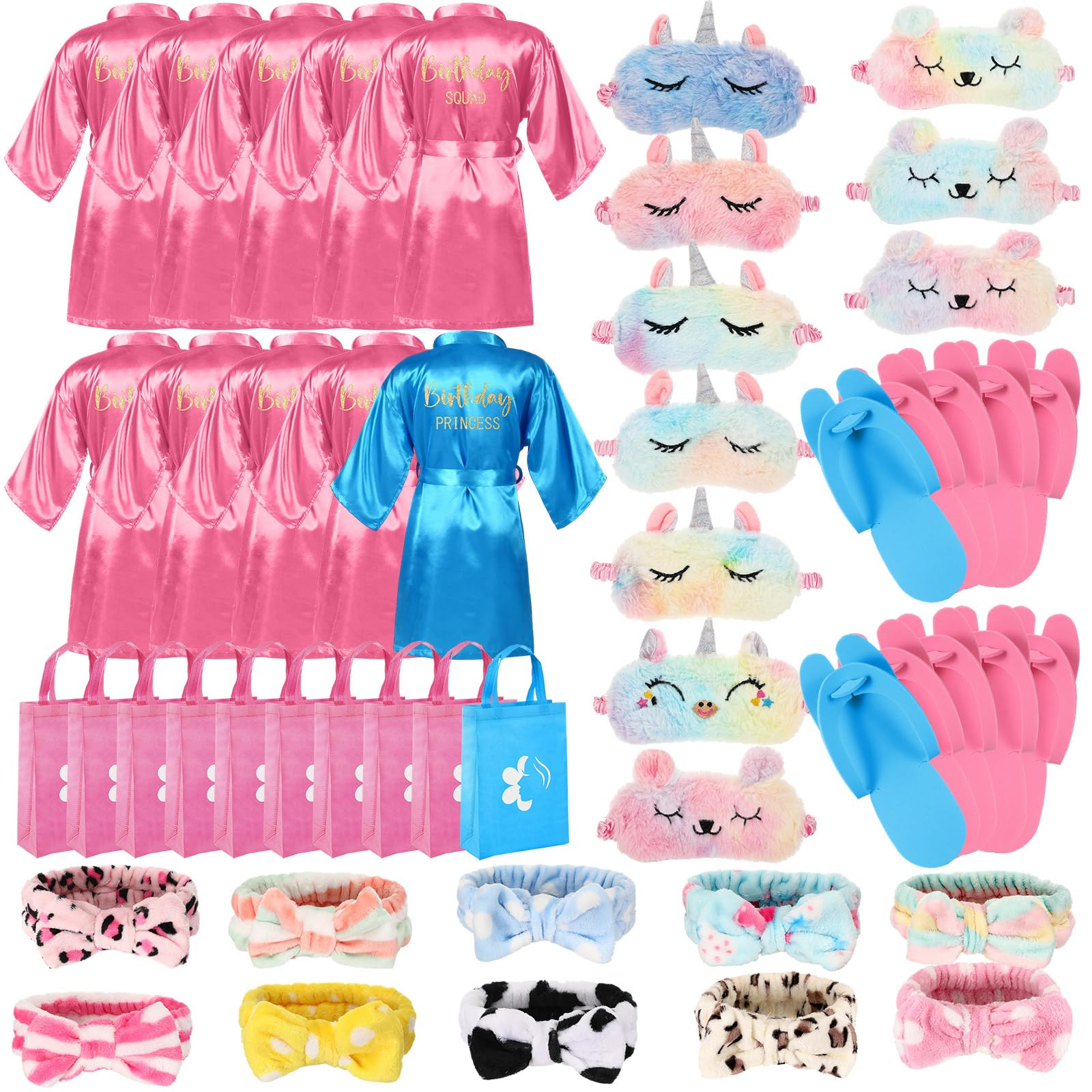 Bonuci 50 Pcs Spa Party Supplies for Girls, 10 Satin Robe 10 Kids Slippers Sleepover Birthday Spa Party Favors (1 Blue, 9 Pink)