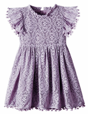2Bunnies Girl Baby Toddler Vintage Lace Pom Pom Flutter Sleeve Easter Birthday Outfit Dress (Mauve, 3T)