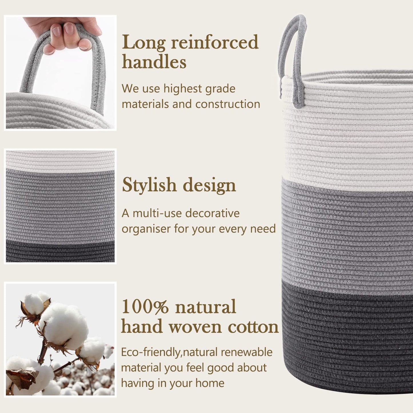 Youdenova Woven Rope Laundry Hamper Basket, 58L Tall Luandry Basket, Baby Nursery Hamper For Blanket Storage, Clothes Hampers Fo