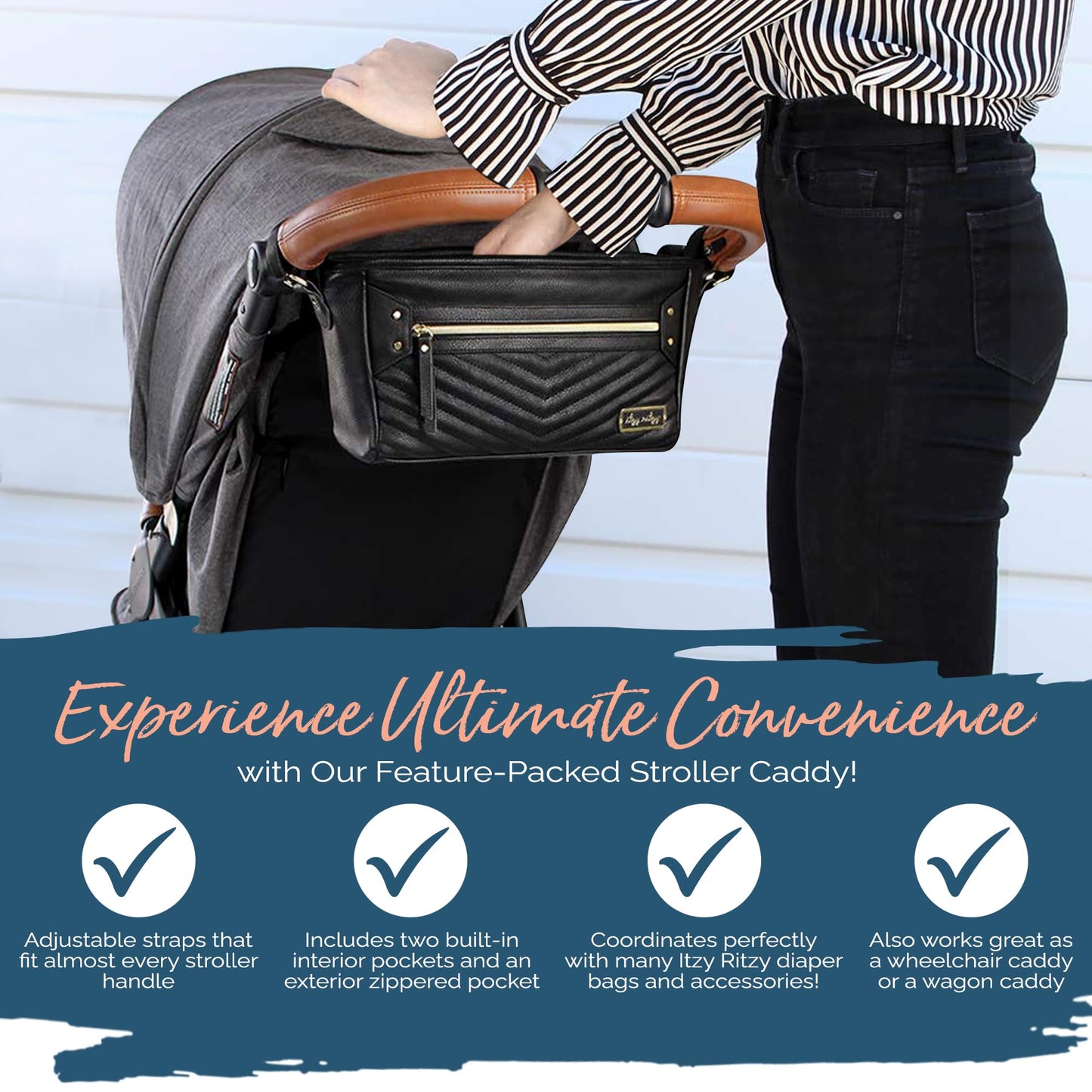 Itzy Ritzy Adjustable Stroller Organizer With Built-In Pockets, Zippered Pocket & Straps To Fit Any Stroller, Black With Gold Ha