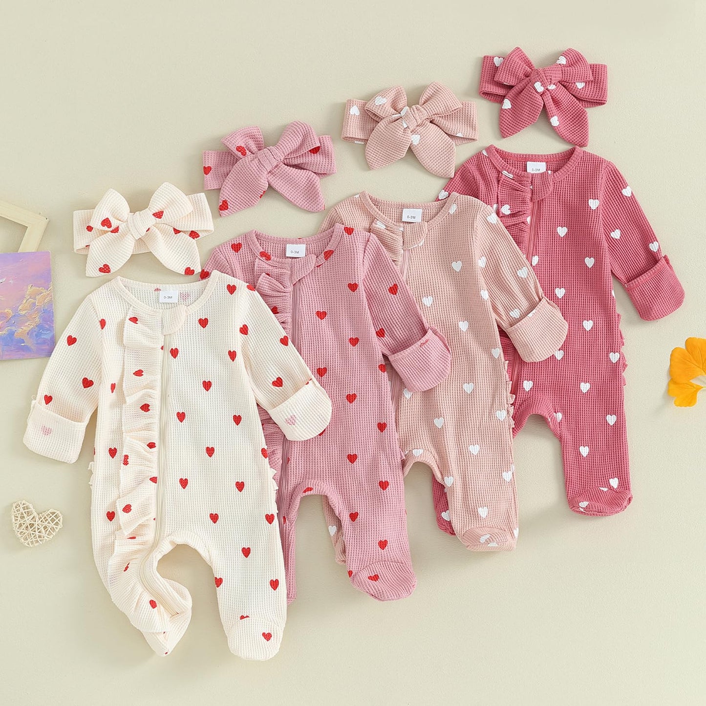 Filgriox My First Valentines Day Baby Girl Outfit Newborn Footie Romper Heart Bodysuit + Headband Infant One Piece Outfit (Pink,