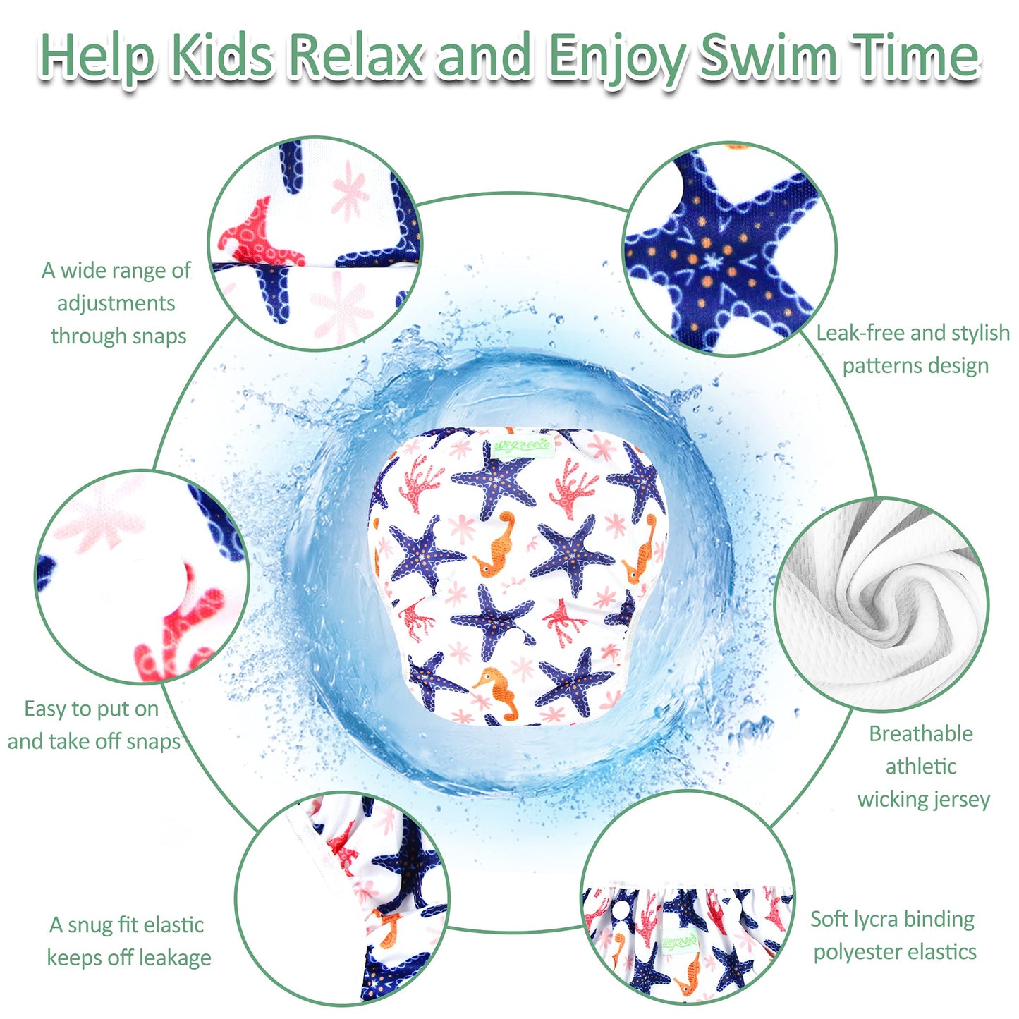 Wegreeco Baby & Toddler Snap One Size Adjustable Reusable Baby Swim Diaper (Starfish, Small, 3 Pack)