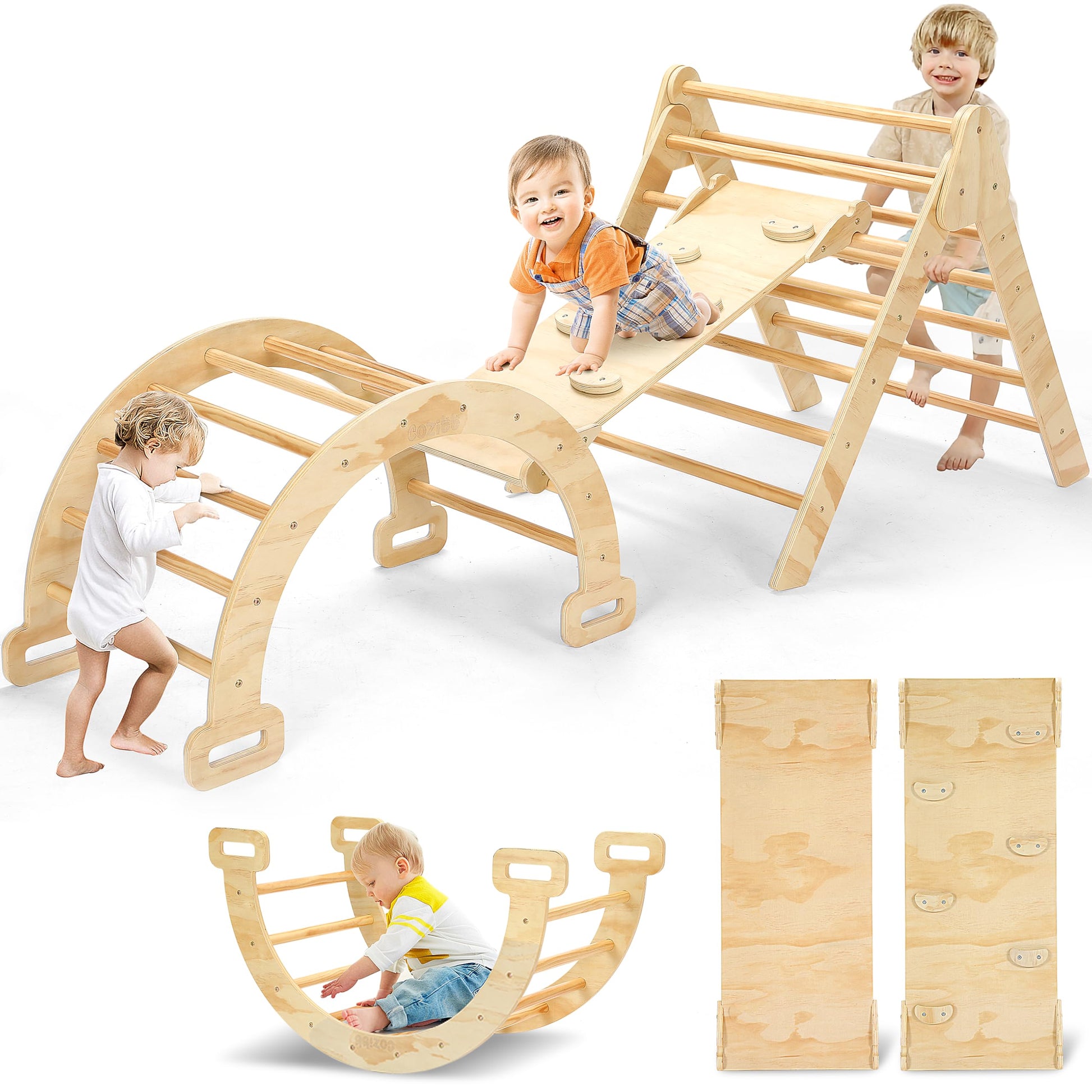 Cozibb Pikler Triangle Set, 5 In 1 Large Wooden Montessori Climbing Toys (Natural, Medium: 2-5 Years)