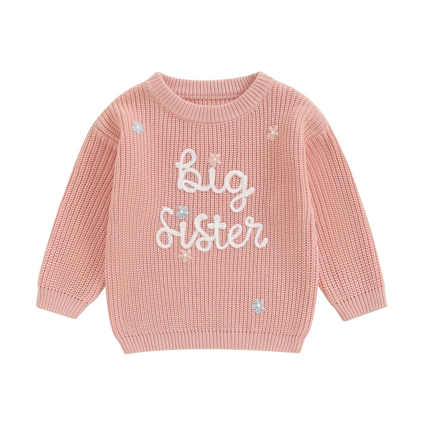 Amnnchya Toddler Infant Baby Girl Knit Sweater Big Sister Little Sister Matching Outfits Long Sleeve Pullover Sweatshirt (Pink,