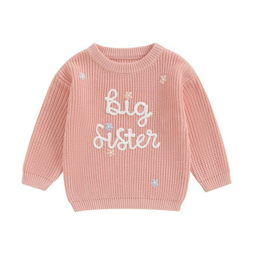 Amnnchya Toddler Infant Baby Girl Knit Sweater Big Sister Little Sister Matching Outfits Long Sleeve Pullover Sweatshirt (Pink,