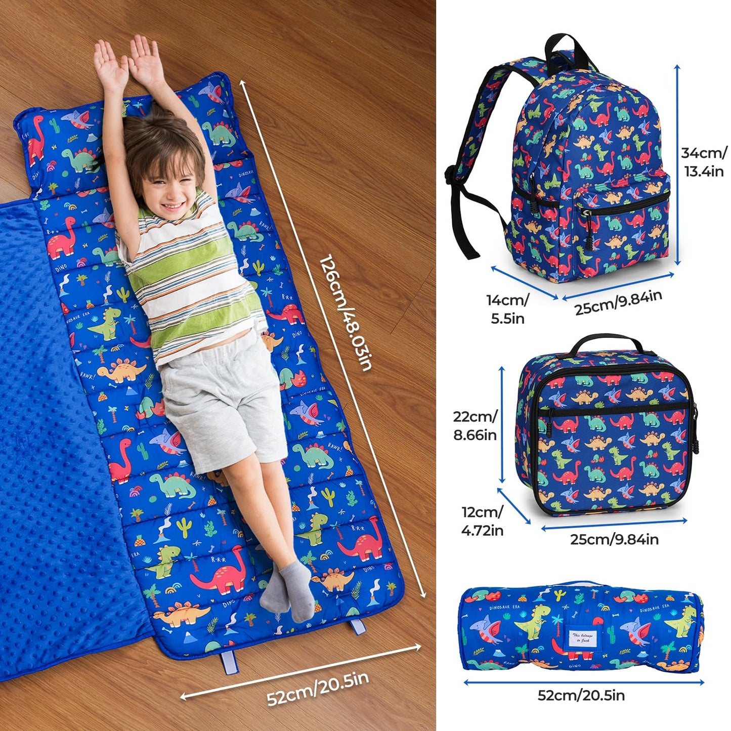 Toddler Nap Mat With Matching Backpack & Lunchbox, Kids Sleeping Bag With Removable Pillow & Blanket, Napping Mats For Preschool