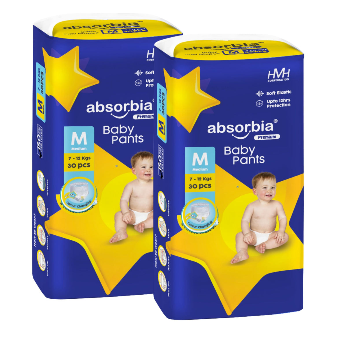 Absorbia Jumbo Baby Pant Diaper Medium (M) 711 Kg, 144S X Pack Of 2 | Up To 12Hrs Protection | Cottony Soft Comfort For Sensiti