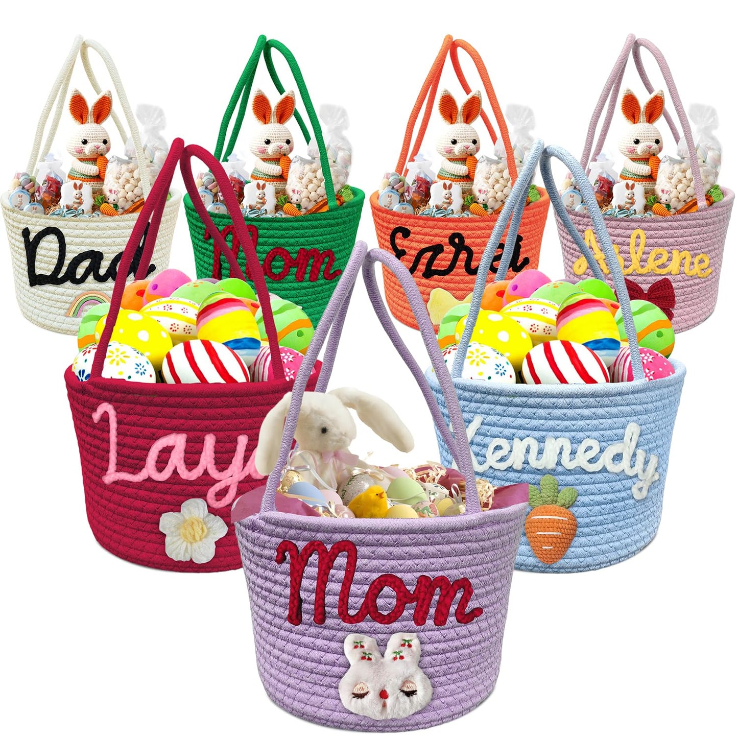 Custom Easter Basket With Names Easter Bunny Rope Basket Personalized Cute Easter Egg Hunt Buckets With Handle