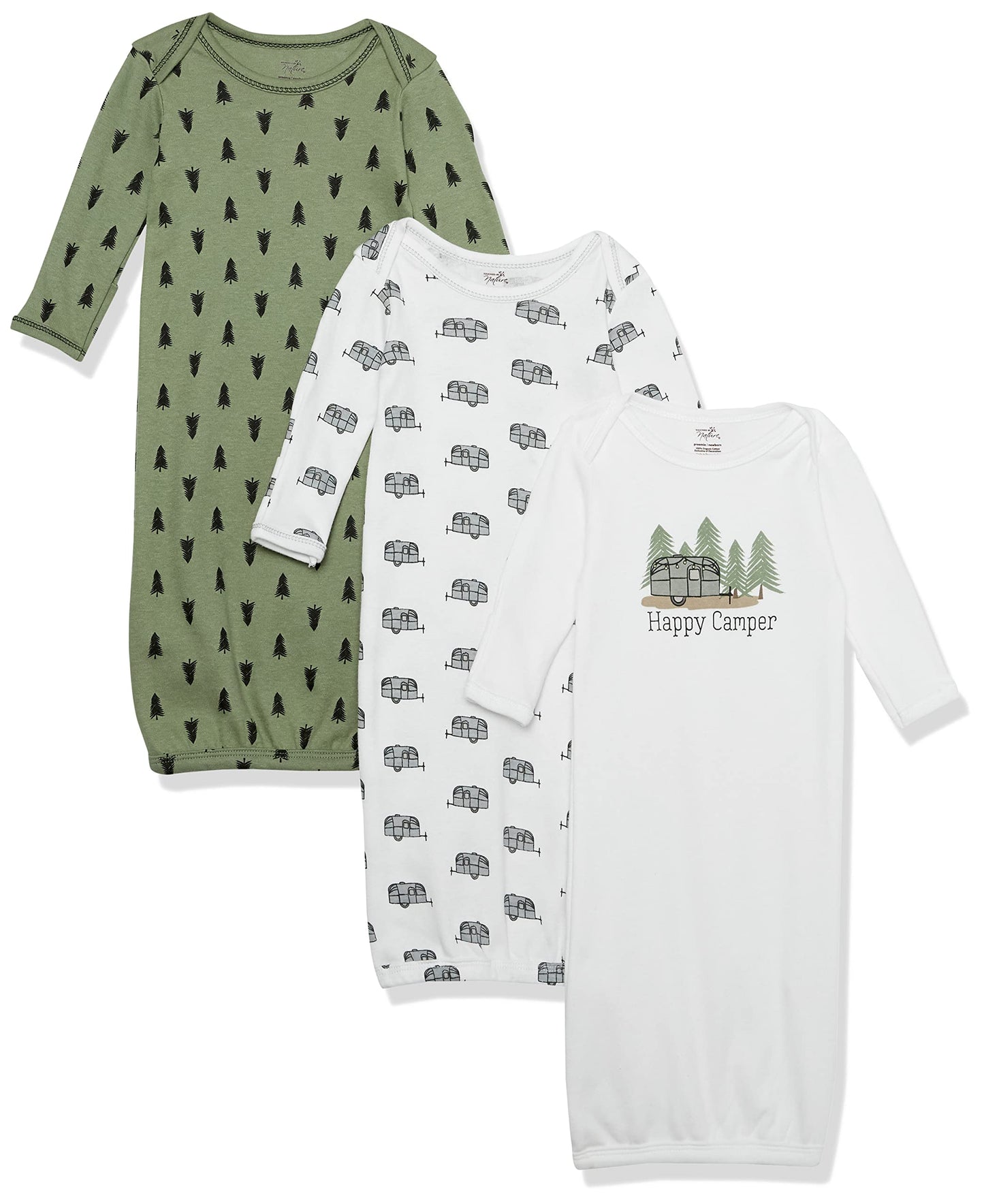 Touched by Nature Unisex Baby Organic Cotton Gowns, Happy Camper, Preemie-Newborn