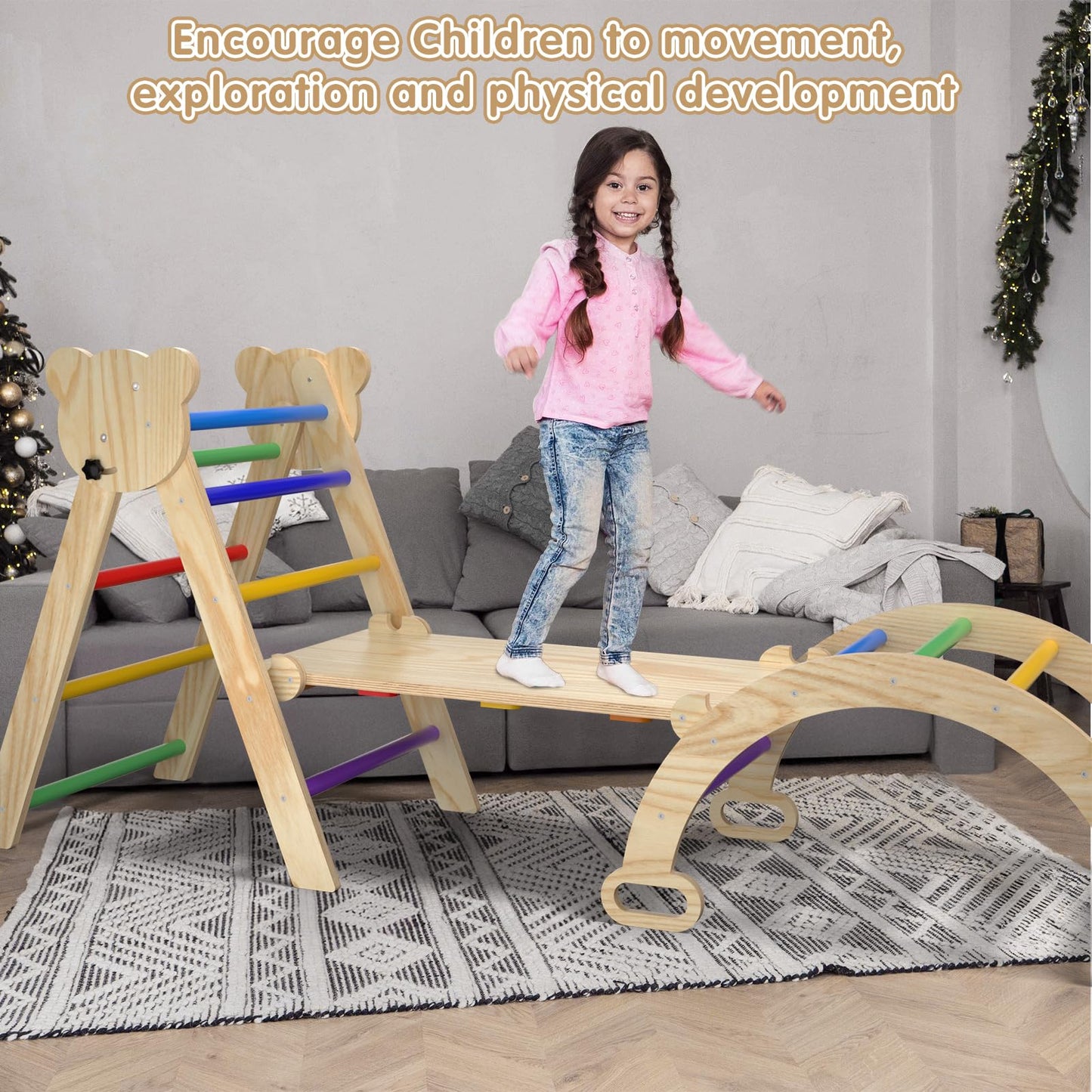 7 In 1 Montessori Pikler Triangle Set, Foldable Wooden Pickler-3 Piece Baby Climbing Gym Toddler Climbing Toys Indoor With Arch,