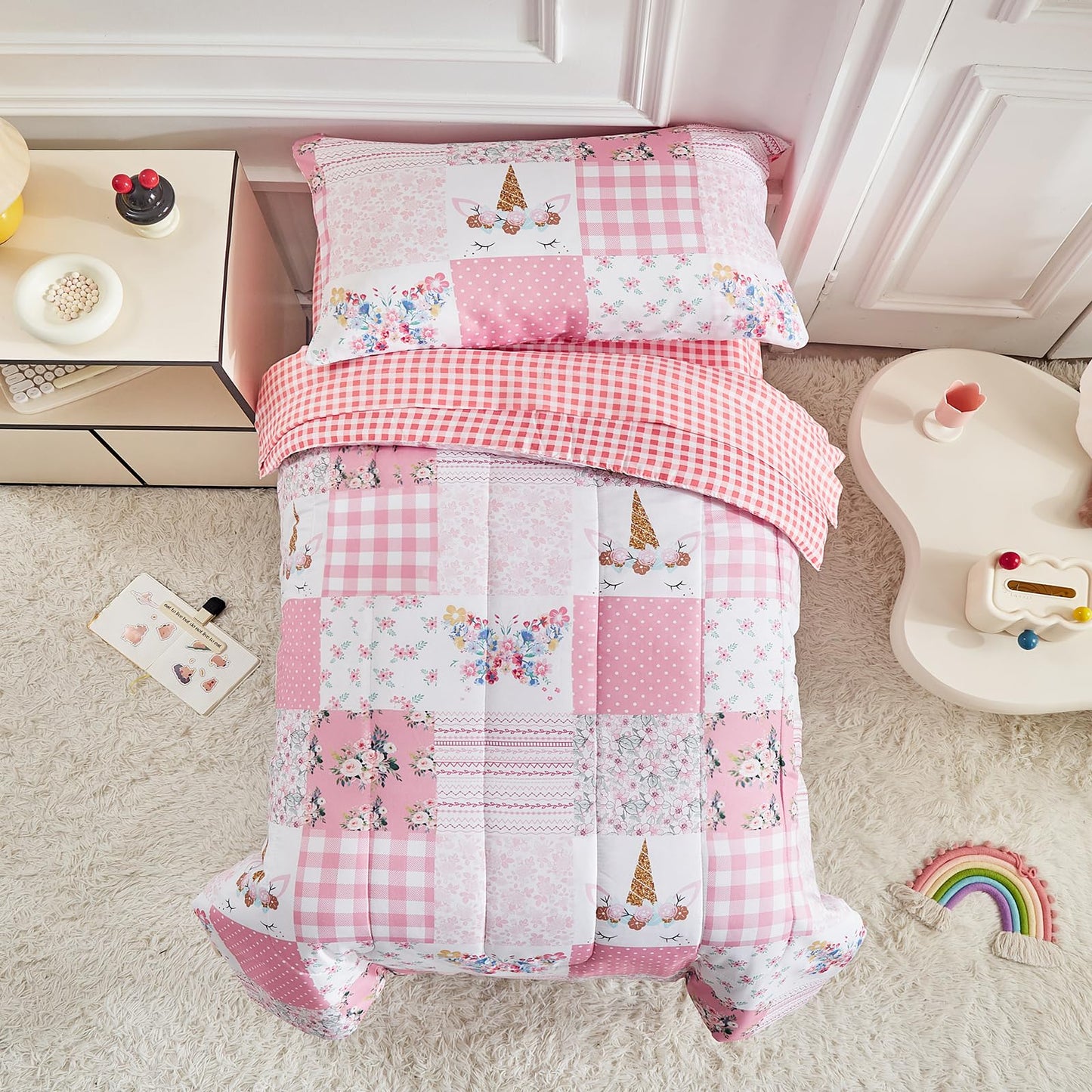 Joyreap 4 Piece Toddler Bedding Set For Girls- Pink Butterflies N Flowers Patchwork Toddler Comforter Set, Includes Quilted Comf
