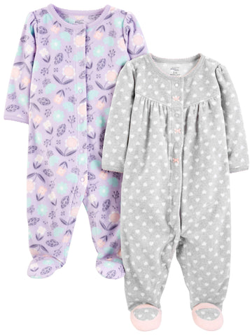 Simple Joys By Carter'S Baby Girls' Fleece Footed Sleep And Play, Pack Of 2, Grey Hearts/Lavender Floral, 0-3 Months