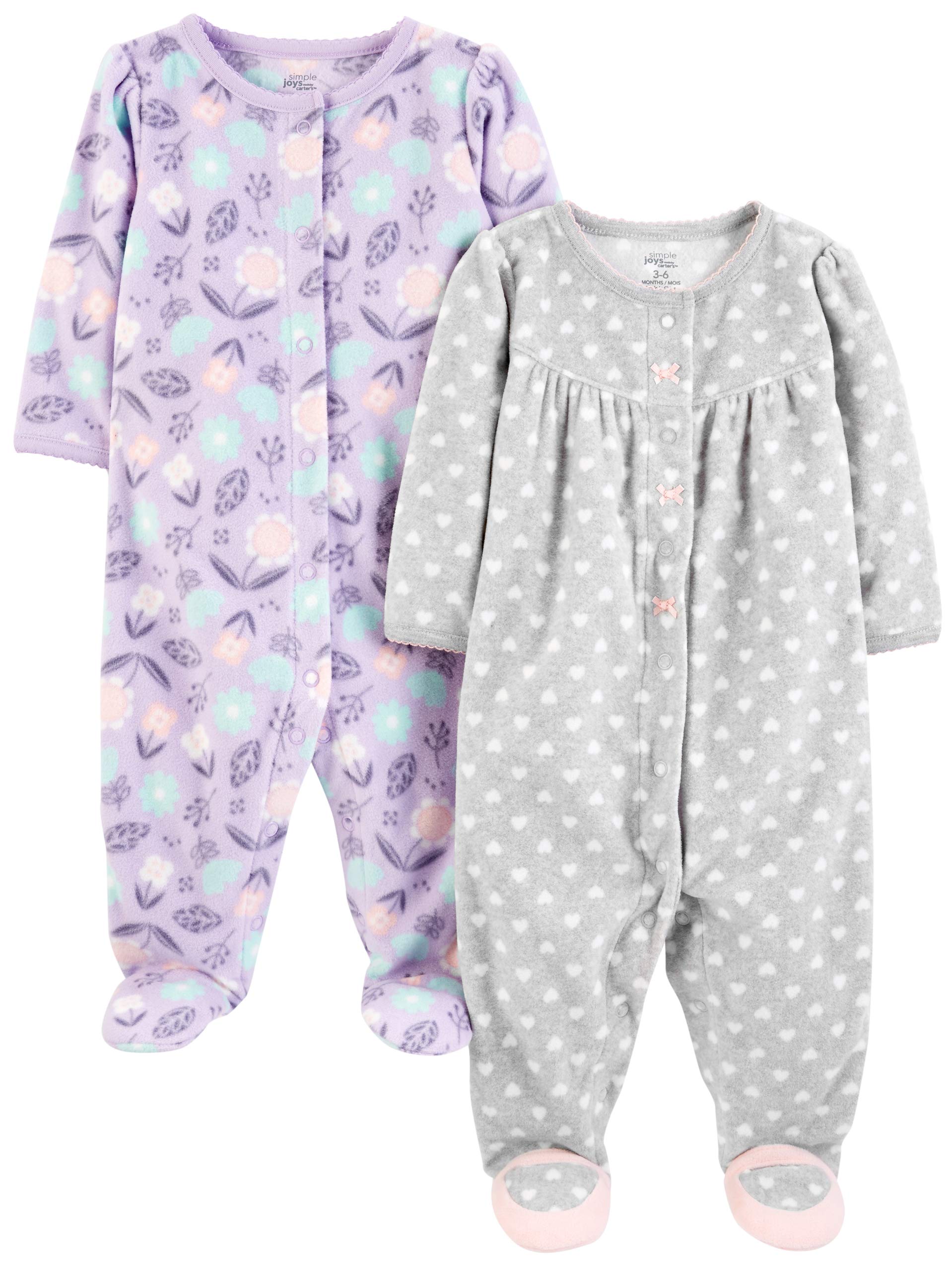 Simple Joys By Carter'S Baby Girls' Fleece Footed Sleep And Play, Pack Of 2, Grey Hearts/Lavender Floral, Preemie