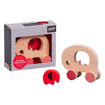 Petit Collage Elephant and Baby Wooden Push Toy - Cute Wooden Rolling Toy Ideal for Ages 12 Months and Older - Active Toy Encour