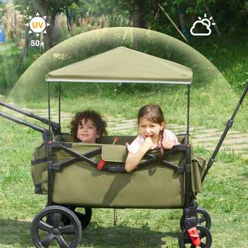 Ever Advanced Foldable Wagons For Two Kids & Cargo, Collapsible Folding Wagon Stroller With Adjustable Handle Bar,Removable Cano