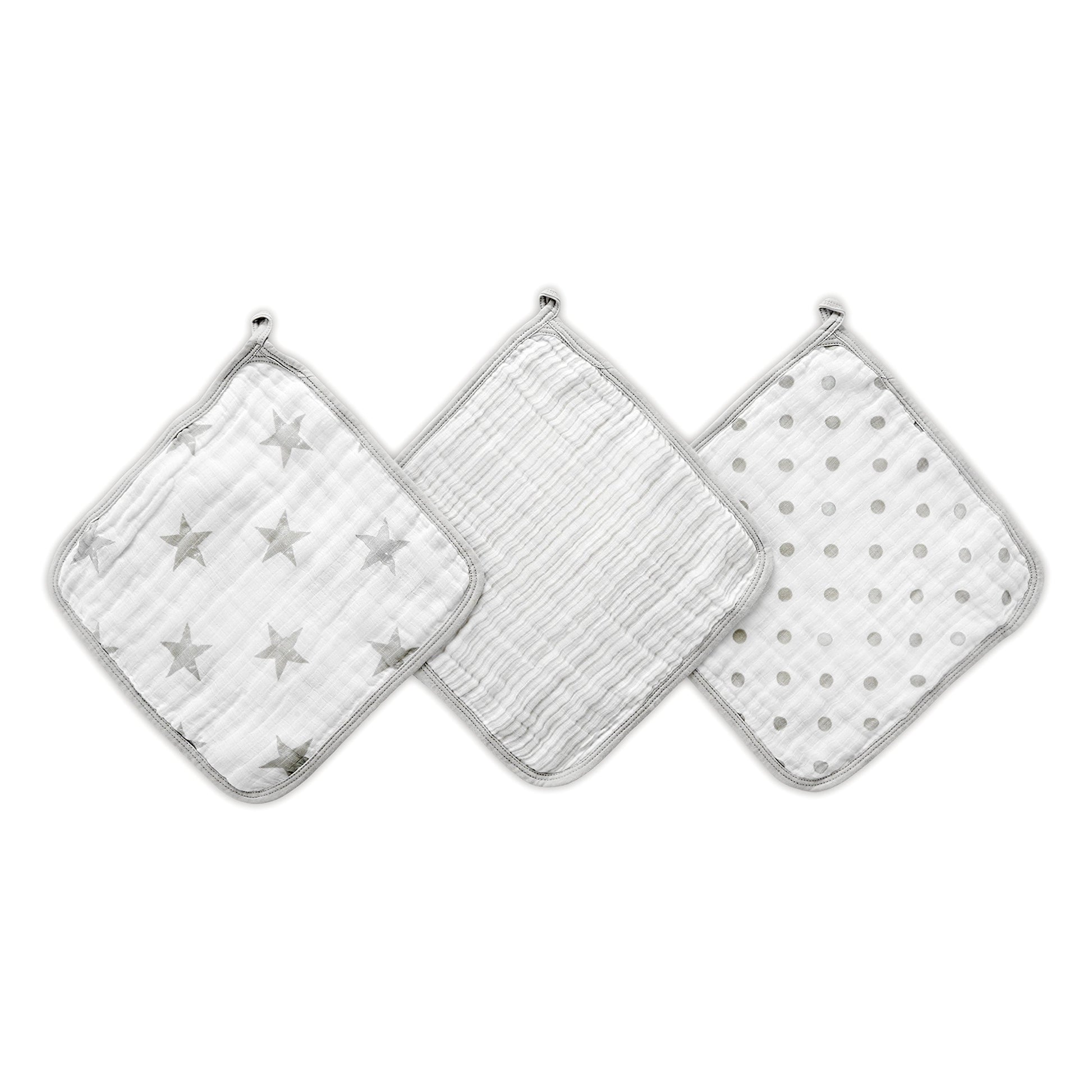 Aden + Anais Essentials Washcloth Set, Super Soft 100% Cotton Muslin, 3-Pack, Dusty Gray Stars