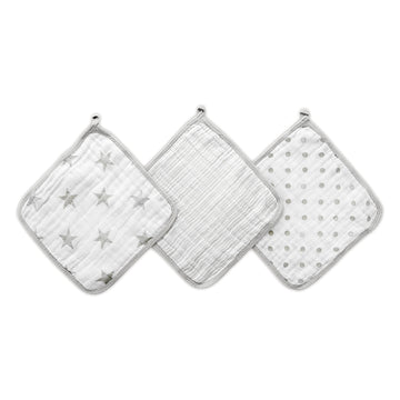 Aden + Anais Essentials Washcloth Set, Super Soft 100% Cotton Muslin, 3-Pack, Dusty Gray Stars
