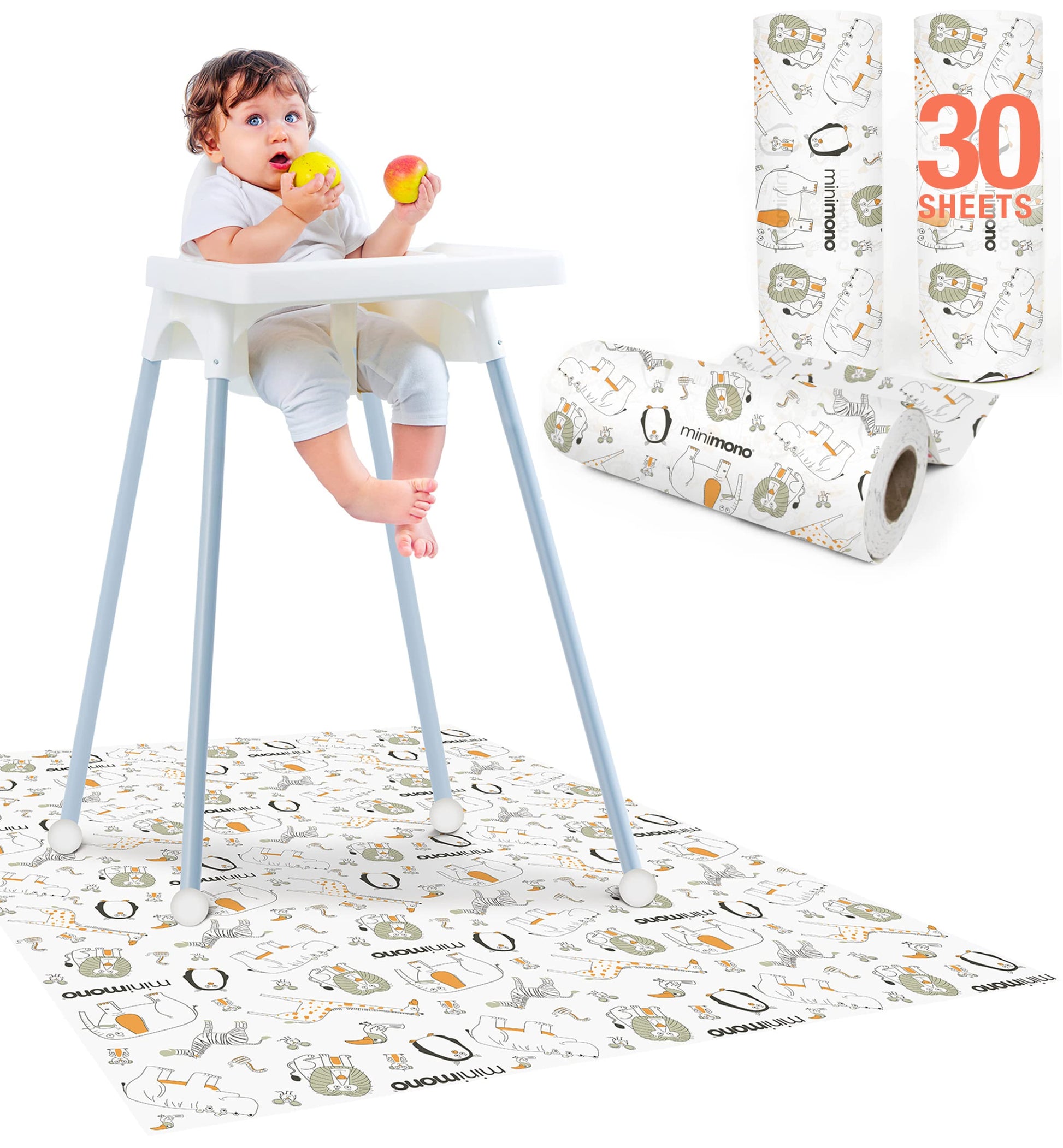 Minimono Baby Splat Mat for Under High Chair - 30 Pcs Disposable and Waterproof Splash Mats - 40x47 Multipurpose Activity Mat fo