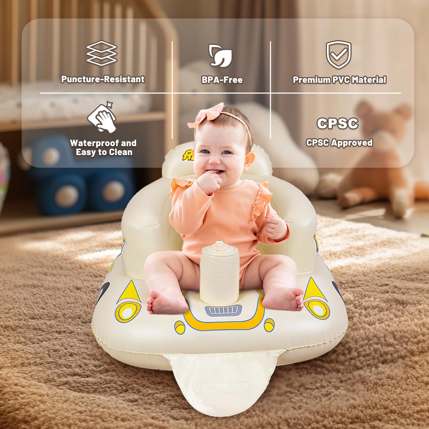 Josen Inflatable Seat For Babies 3 Months & Up, Baby Floor Seat Learn To Sit Up, Portable Infant Feeding Shower Chair, Blow Up B