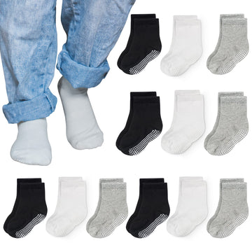 Cozyway Non Slip Toddler Socks 12 Pairs With Grip For Boys Girls Baby Infants Kids Anti Skid Cotton Crew Socks 3-5 Years