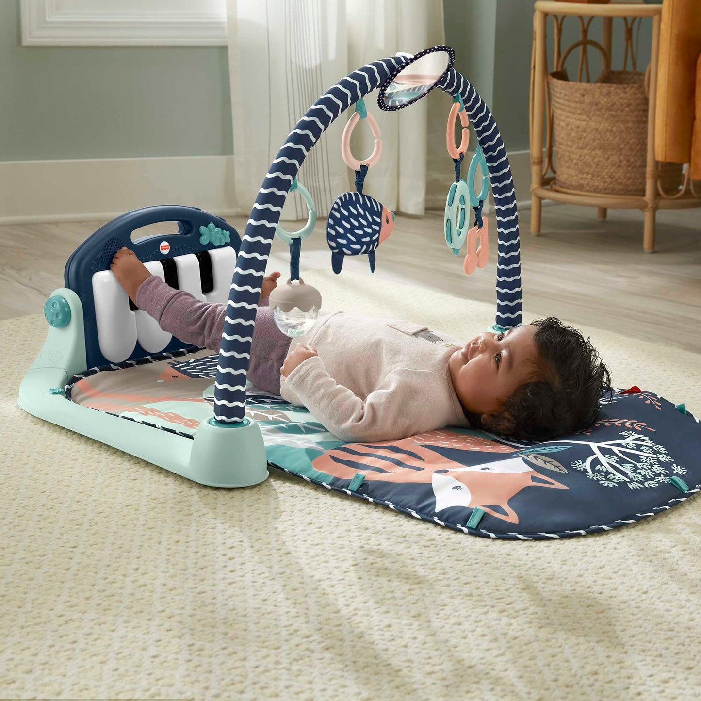 Fisher-Price Baby Playmat Kick & Play Piano Gym With Musical And Sensory Toys For Newborn To Toddler, Navy Fawn