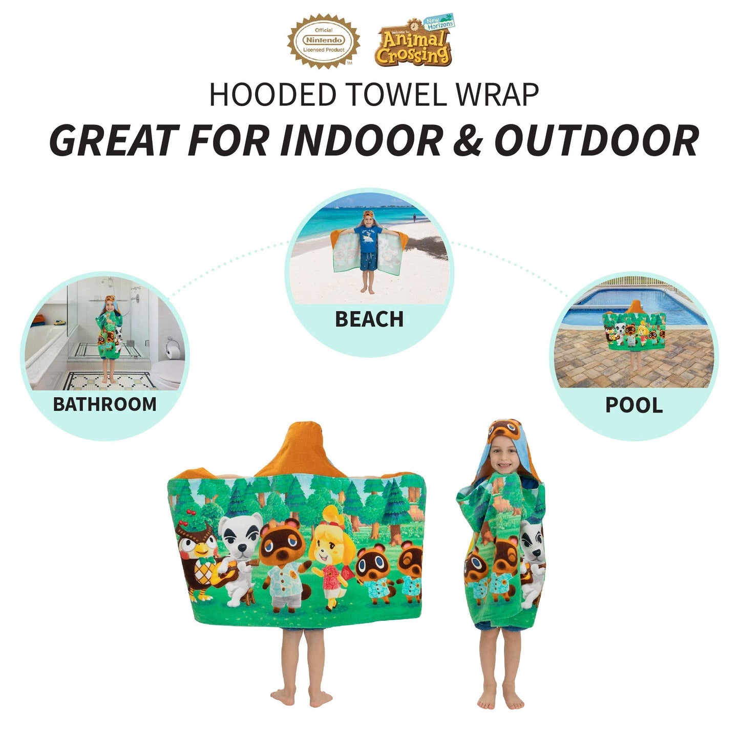 Franco Kids Bath And Beach Cotton Terry Hooded Towel Wrap, 24 In X 50 In, Animal Crossing