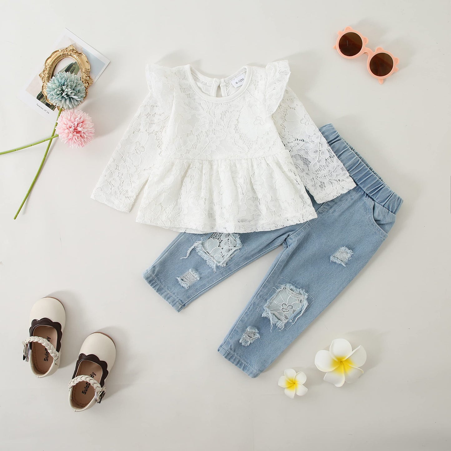 Caretoo Girls Clothes Outfits, Cute Baby Girl Floral Long Sleeve Pant Set Flower Ruffle Top