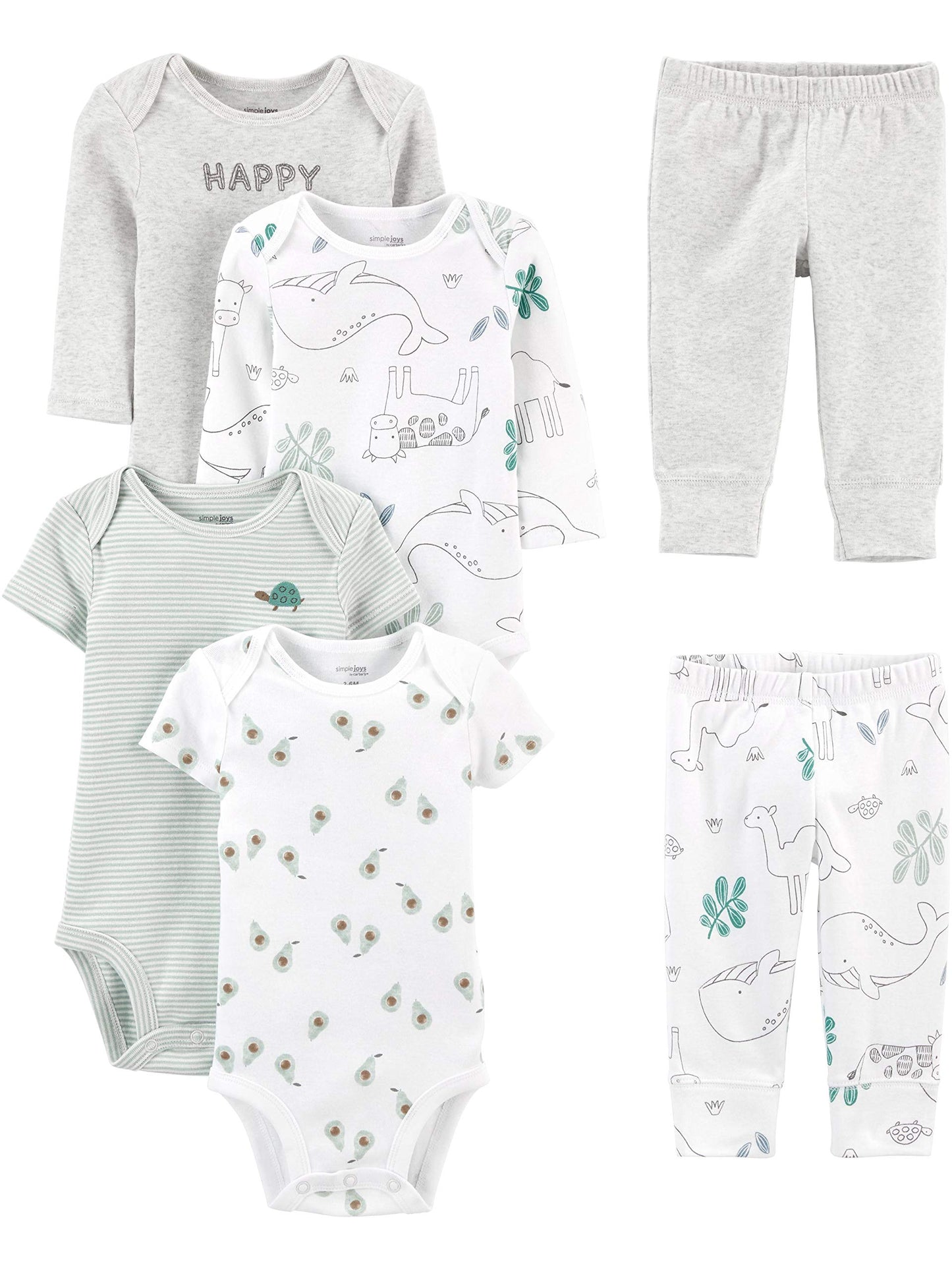 Simple Joys by Carters unisex-baby 6-Piece Bodysuits (Short and Long Sleeve) and Pants Set, Grey Heather/White Animal Print/Avo