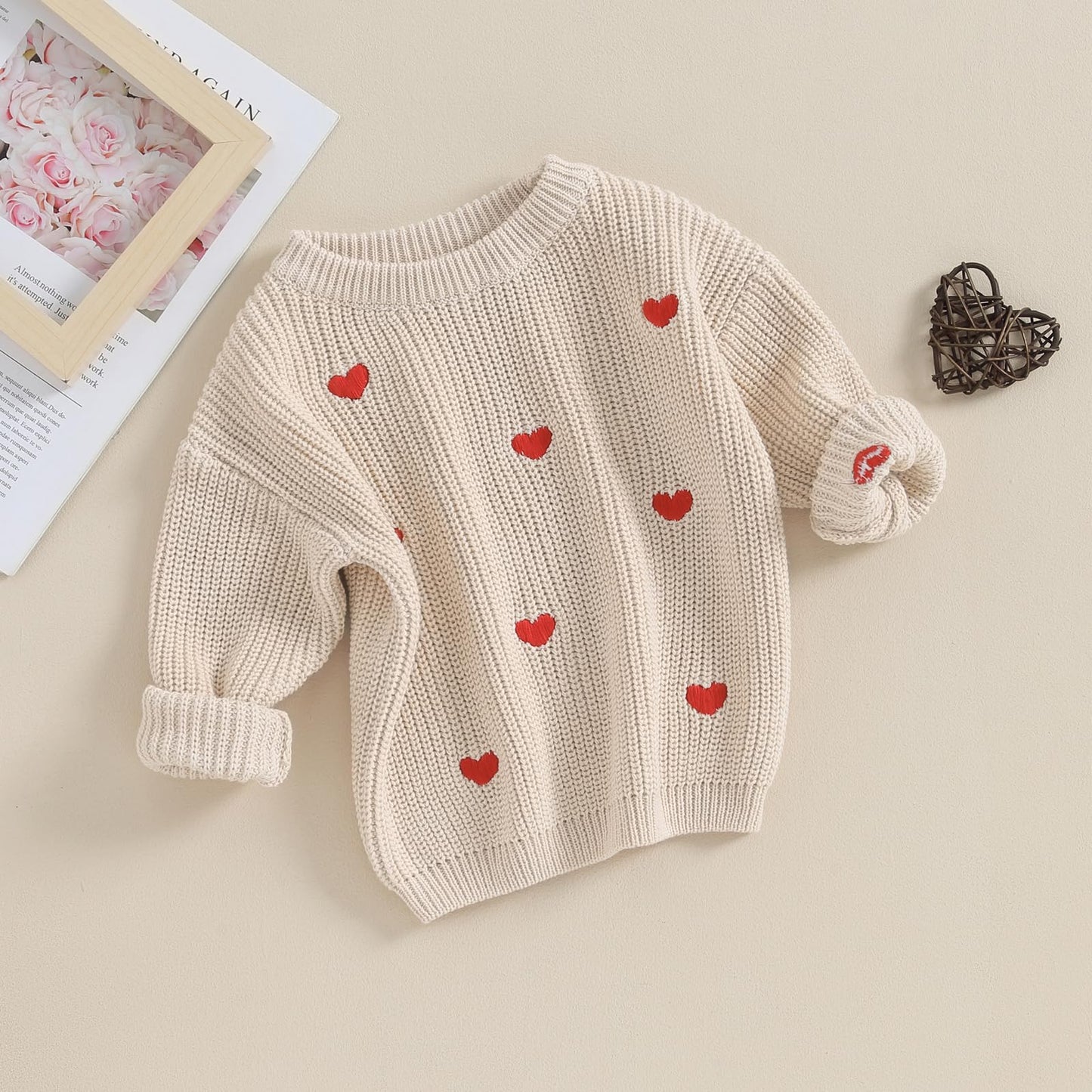 Baby Girl Cute Long Sleeve Crew Neck Love Embroidery Sweater Toddler Valentine Day Outfits (Beige Heart, 0-3 Months)