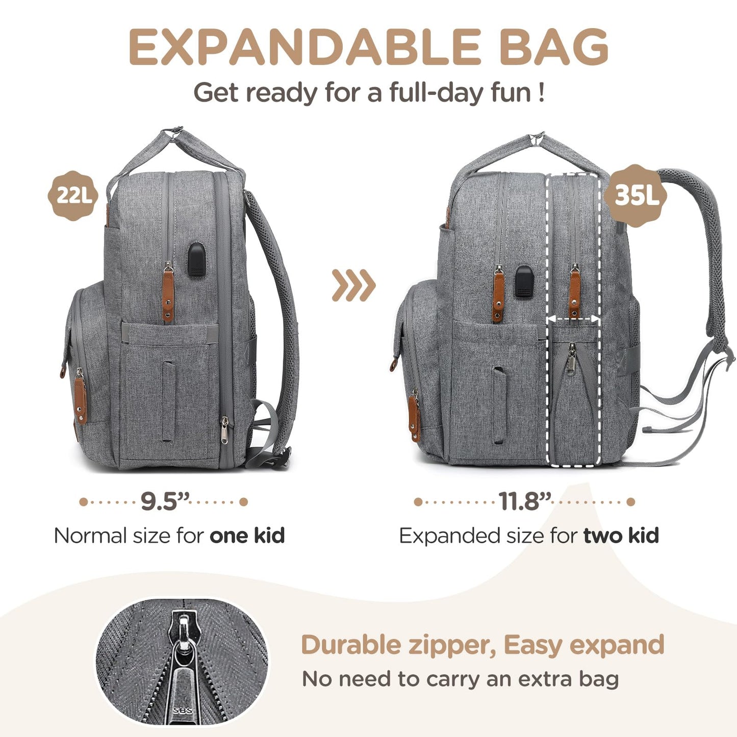Qualyphant Extra Large Diaper Bag For 2 Kids - Expandable 35L Twin Diapers Bags Backpack With 4 Insulated & 16' Laptop Pocket &