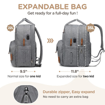 Qualyphant Extra Large Diaper Bag For 2 Kids - Expandable 35L Twin Diapers Bags Backpack With 4 Insulated & 16' Laptop Pocket &