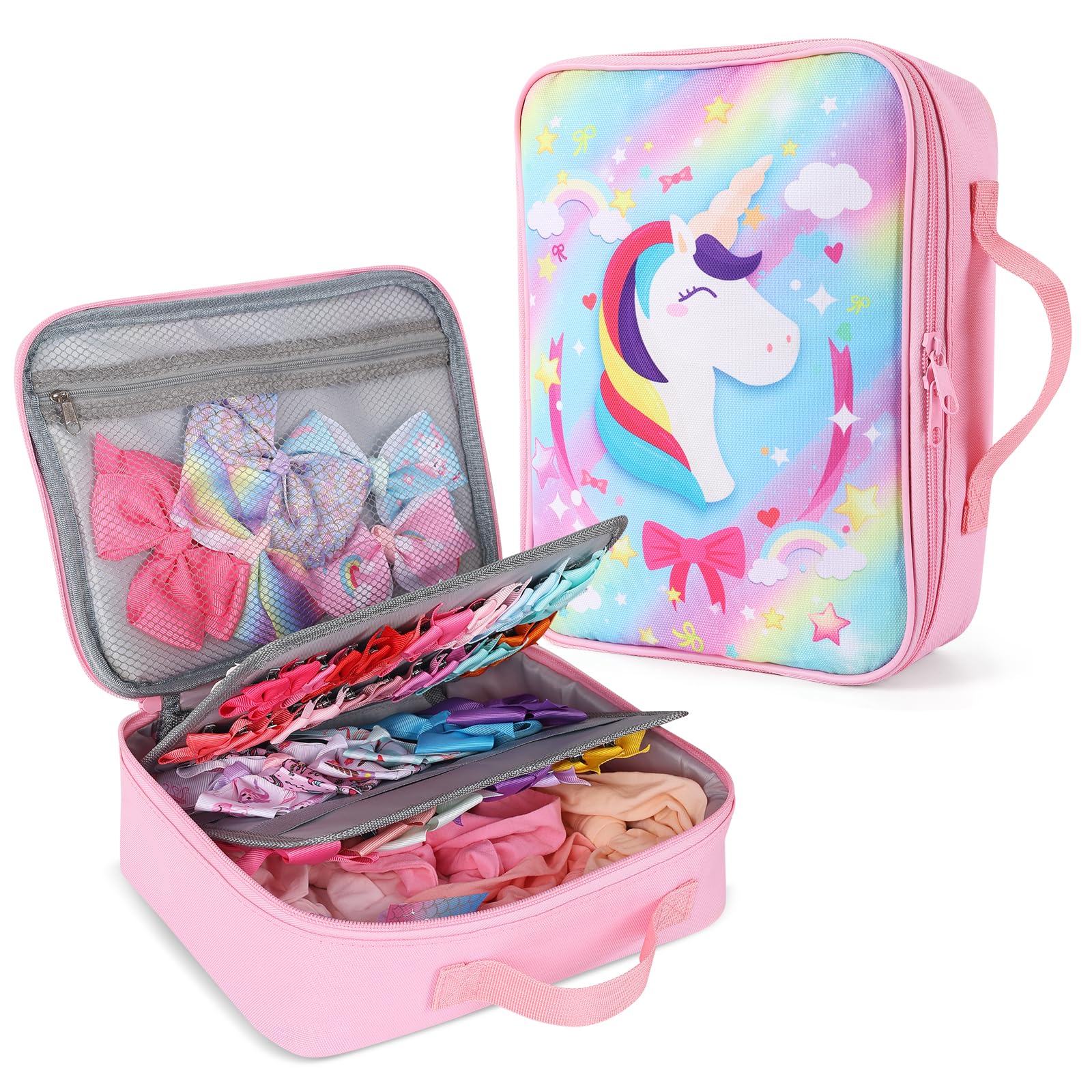 Fruobeyla Bow Organizer for Girls, Bows Holder for Girls Hair, Pink Unicorn Bow Case Organizer for Toddler Baby Girl Hair Access