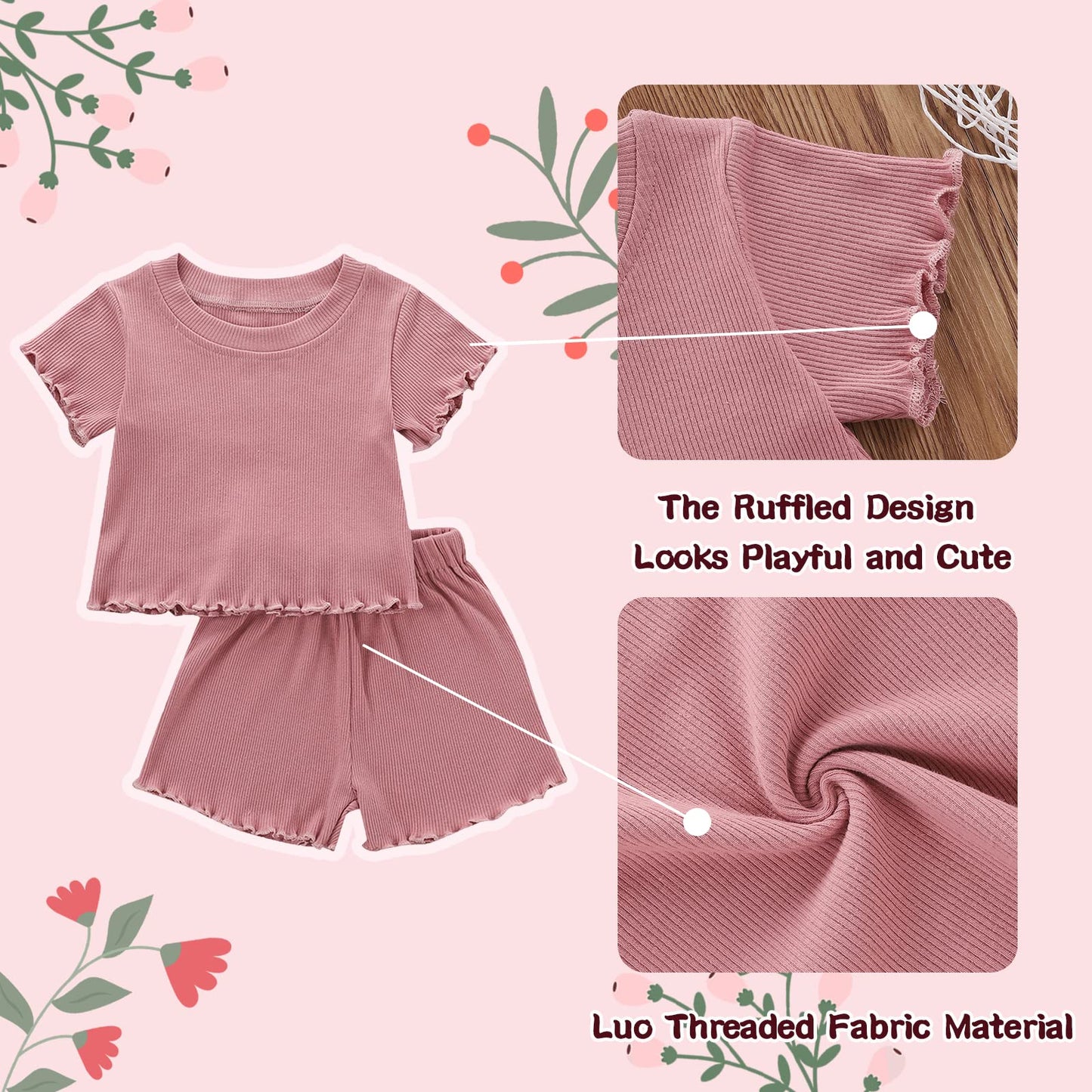 Dimoybabe 6-9 Months Baby Girl Clothes Toddler Girl Summer Outfits Clothes Set Ruffle Ribbed Short Sleeves T-Shirt Tops Shorts C