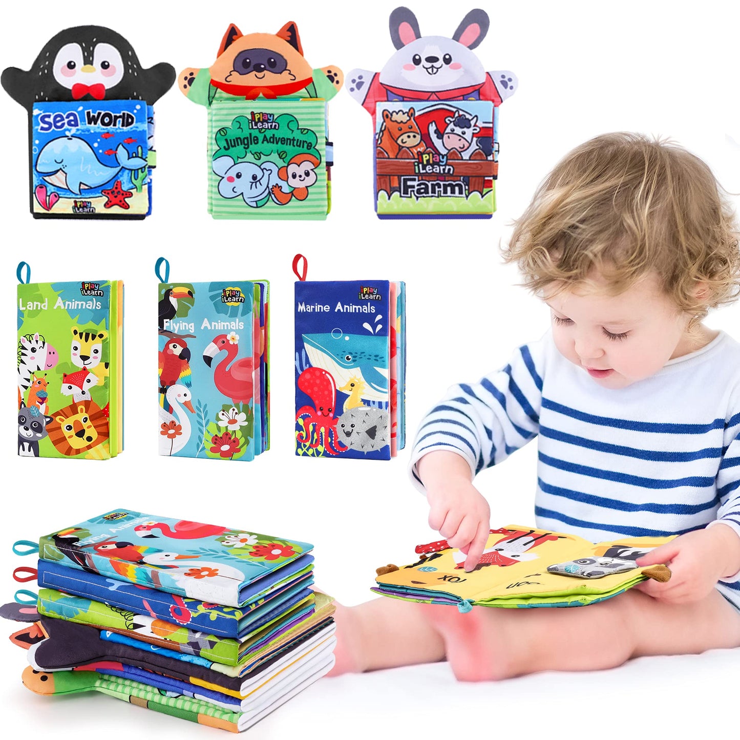 iPlay, iLearn Soft Baby Books 1 Year Old, Babies Animal Cloth Book 6-12 Month, Infant Touch Feel Crinkle Book, Toddler Carseat C