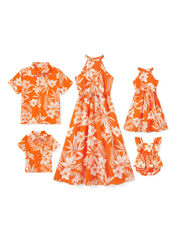 Patpat Family Hawaiian Matching Outfits With Baby Mommy And Me Beach Dresses Tropical Floral Palm Leaf Print Halter Neck Hawaiia