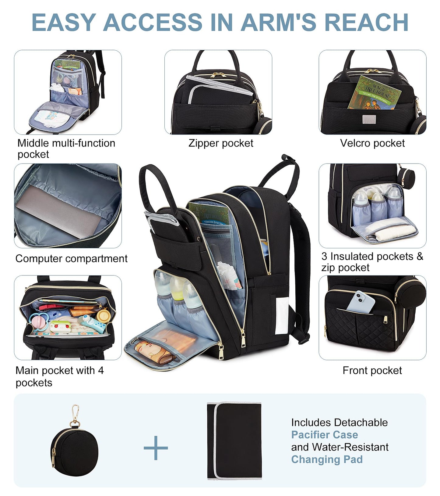 Moonbaby Diaper Bag Backpack, Baby Diaper Bags With Portable Changing Pad And Pacifier Case, Multifunctional Travel Diaper Backp