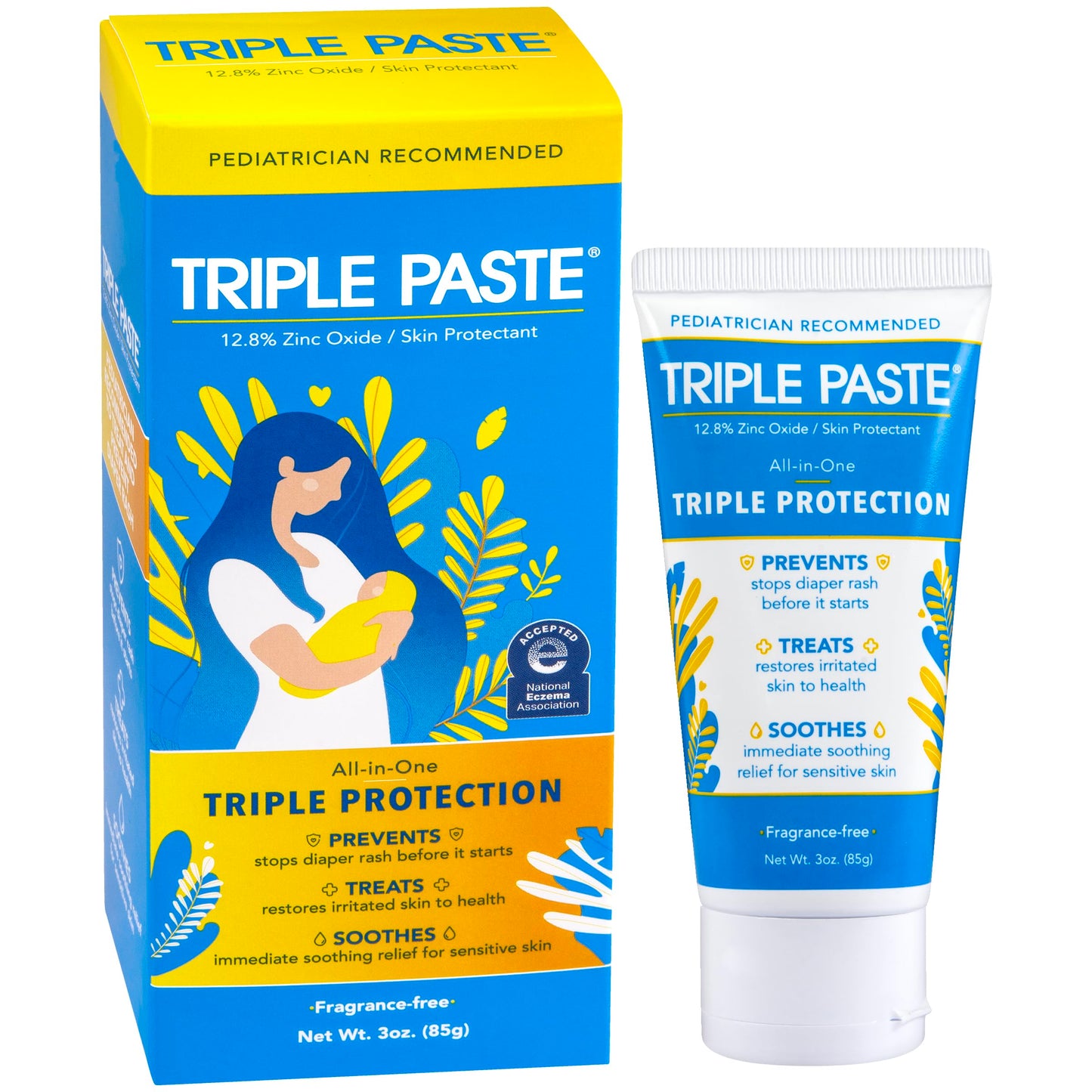 Triple Paste Diaper Rash Cream for Baby - 3 oz Tube - Zinc Oxide Ointment Treats, Soothes and Prevents Diaper Rash - Pediatricia