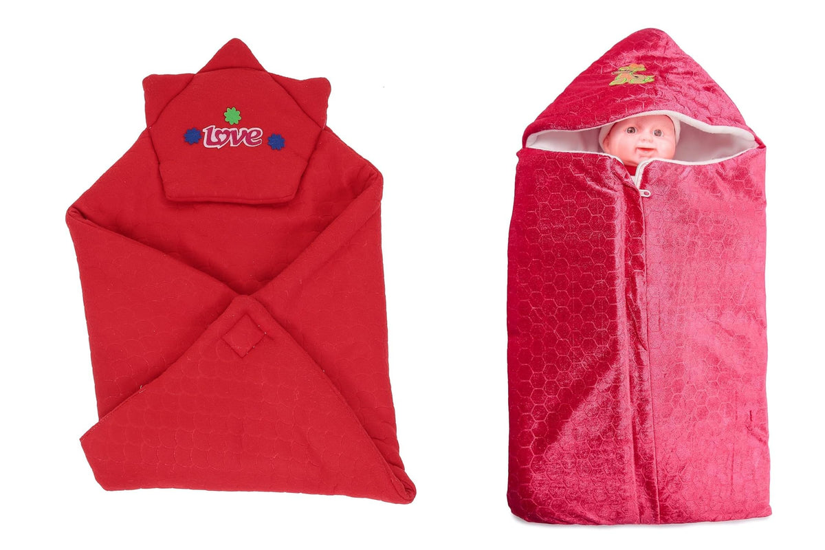 CTMKIDS Baby Wrap with Cap for Kids 74x74 cm  Red & Single Hooded Baby Sleeping Zipper Bag for Kids 65x36 cm
