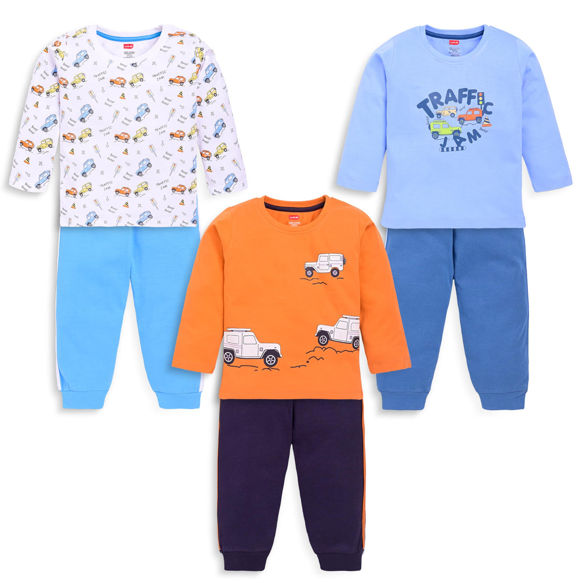 LuvLap Baby Boys 100% Cotton Full Sleeve Boys TShirt & Pyjama Sets Pack Of 3, Powder Blue, White & Saffron, 34 Years